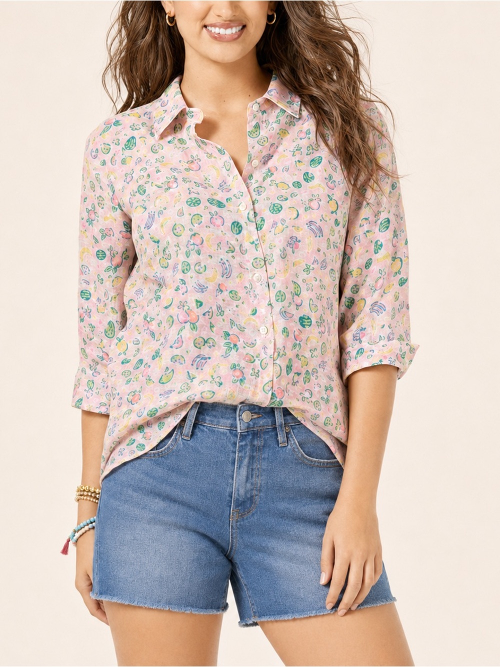 Lilly Pulitzer Sea View Linen Shirt Lil Juicy Fruit Pink S View 2
